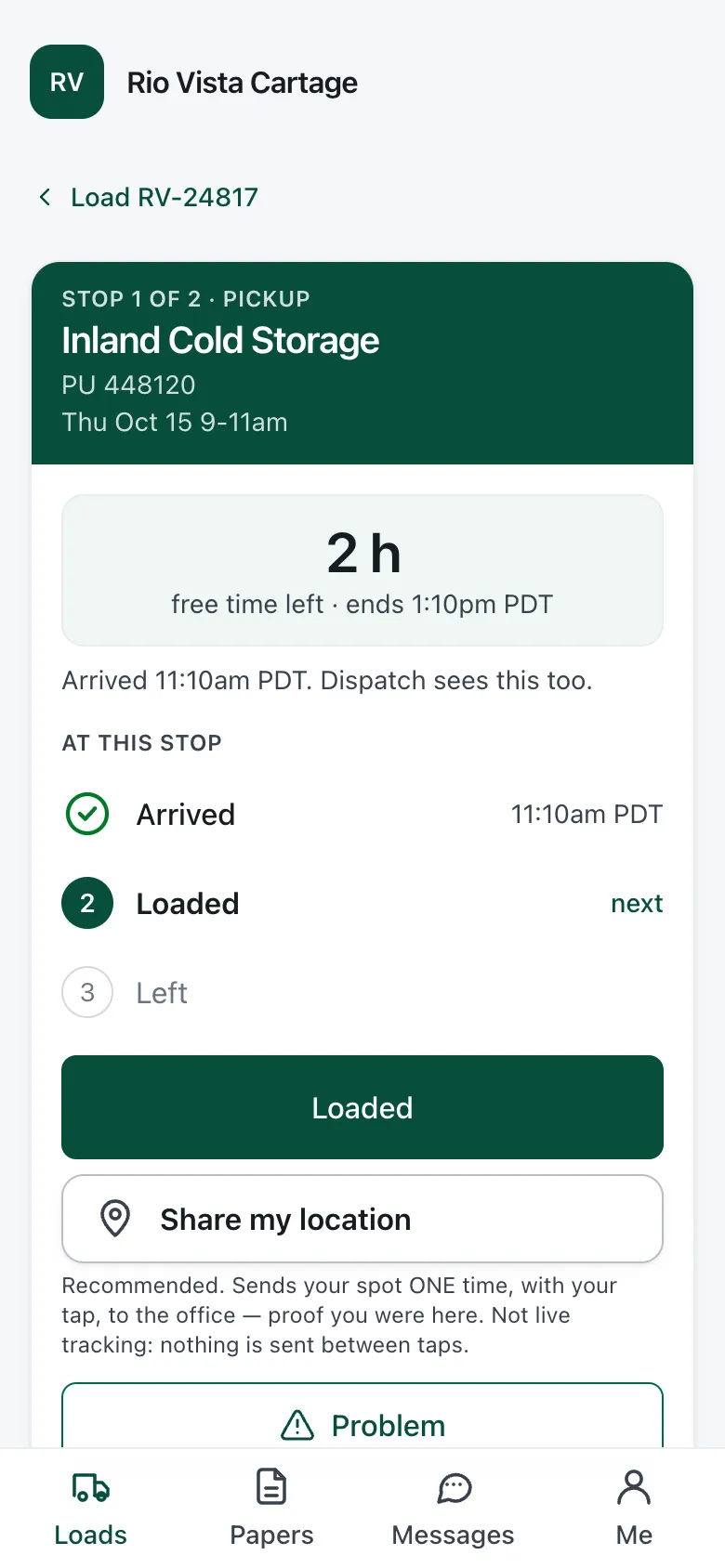 The FleetView driver app at a pickup, Inland Cold Storage, Thu Oct 15, 9 to 11am: 2 hours of free time left, Arrived 11:10am, and one large Loaded button for the next step.