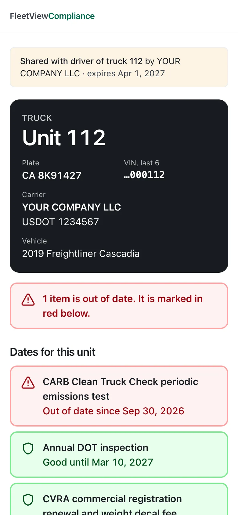 An “In the cab” link open on a phone: truck unit 112 with its plate, the last 6 of the VIN and the carrier, then each date for the truck, the Clean Truck Check test marked out of date in red.