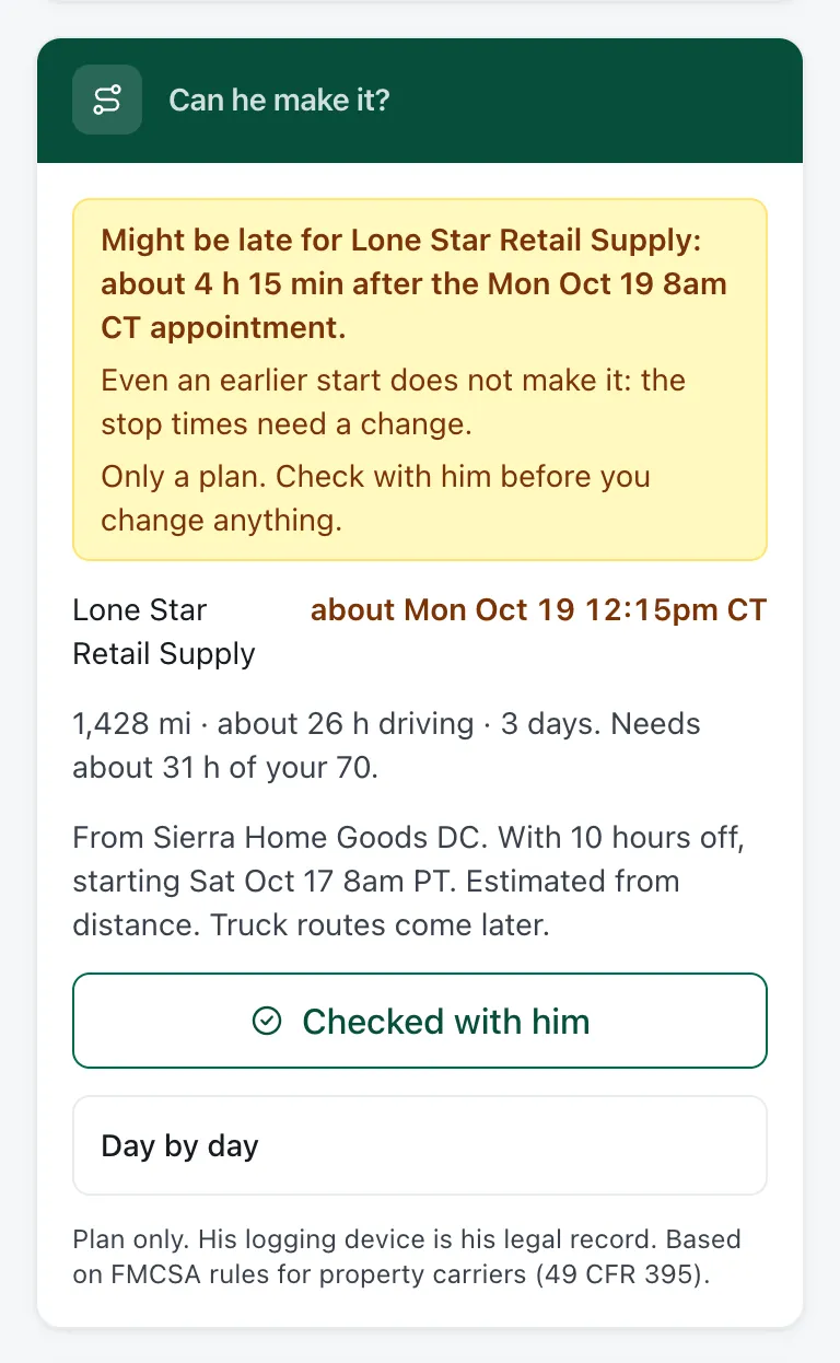 The Can he make it? card: might be late for Lone Star Retail Supply, about 4 h 15 min after the Mon Oct 19 8am CT appointment; 1,428 mi, about 26 h driving; “Only a plan. Check with him before you change anything.”